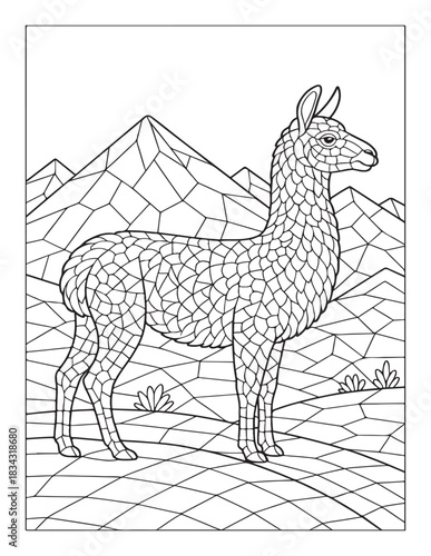 Llama in geometric mountains coloring page: detailed line art for kids and adults