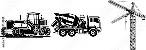 Heavy Construction Machinery Vehicles and Equipment Silhouette Set