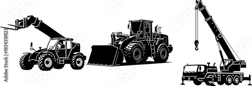Heavy construction vehicles set, industrial machinery silhouettes.