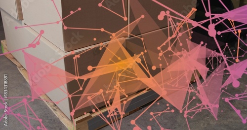 Stack of cardboard boxes sitting on pallet in warehouse, showing tape, band, green mark, overlay