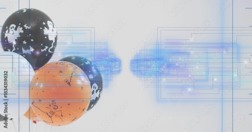 Fototapeta premium Floating black ghost and orange star balloons in studio with blue digital glow band, copy space