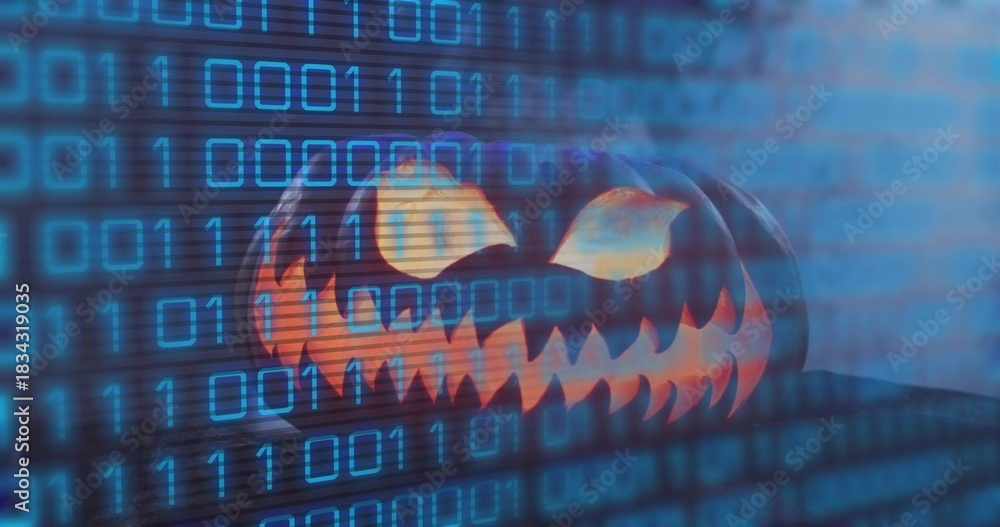 Fototapeta premium Glowing carved jack-o'-lantern emitting warm light on dark studio table, with cyan binary overlay