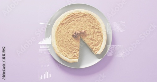 Displaying tart on white plate on lilac tabletop, showing wedge, spice garnish, shadow, overlays