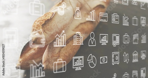 Cradling pair of hands holding two long baguettes on bakery countertop, with finance icons