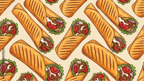 Delicious and appetizing shawarma wraps arranged in a pattern.