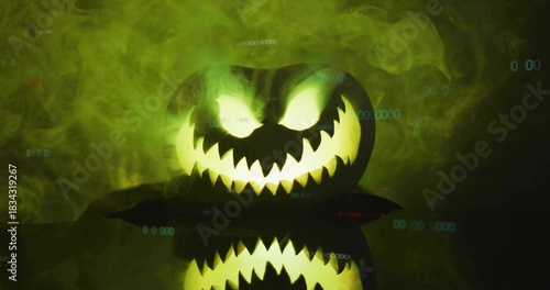 Glowing carved pumpkin casting green light on glossy table, with swirling smoke and cyan glyphs