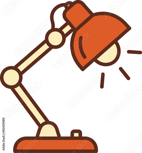 A simple flat design illustration of a classic adjustable desk lamp with an orange shade and light rays
