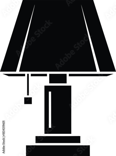Simple black silhouette of a classic desk lamp with a pull chain on a white background