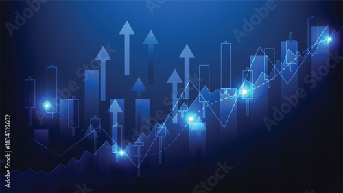 finance and business investment growth. stock market candlesticks with bar chart and arrow up on blue background  