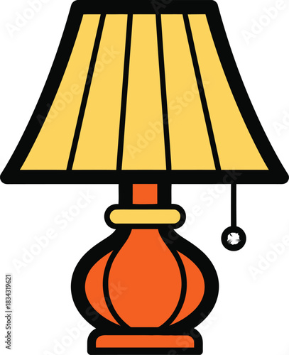 A stylized illustration of a classic table lamp with an orange base and a yellow pleated lampshade