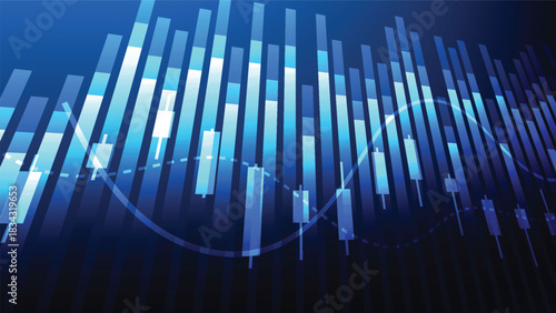 stock market candlesticks with line indicator and bar graph on blue background. finance and business growth presentation