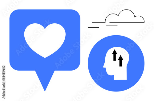 Growth concept. Growth ed with upward arrows inside a head icon and a heart speech bubble love and personal development. Growth in emotions, ideas, success, mindfulness, and relationships