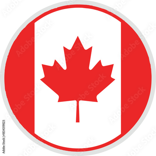 Circular vector icon of the Canadian national flag featuring the red maple leaf and white field, symbolizing national pride, Canadian identity, patriotism, and global travel themes