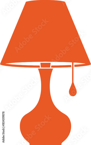 A simple orange silhouette of a table lamp with a pull chain on a white background