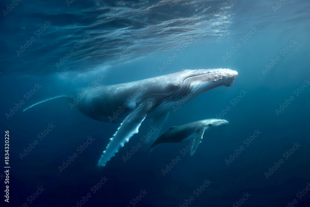 Fototapeta premium Adult whale swimming near the water surface with a small baby whale beside it, showcasing a tender marine wildlife moment.