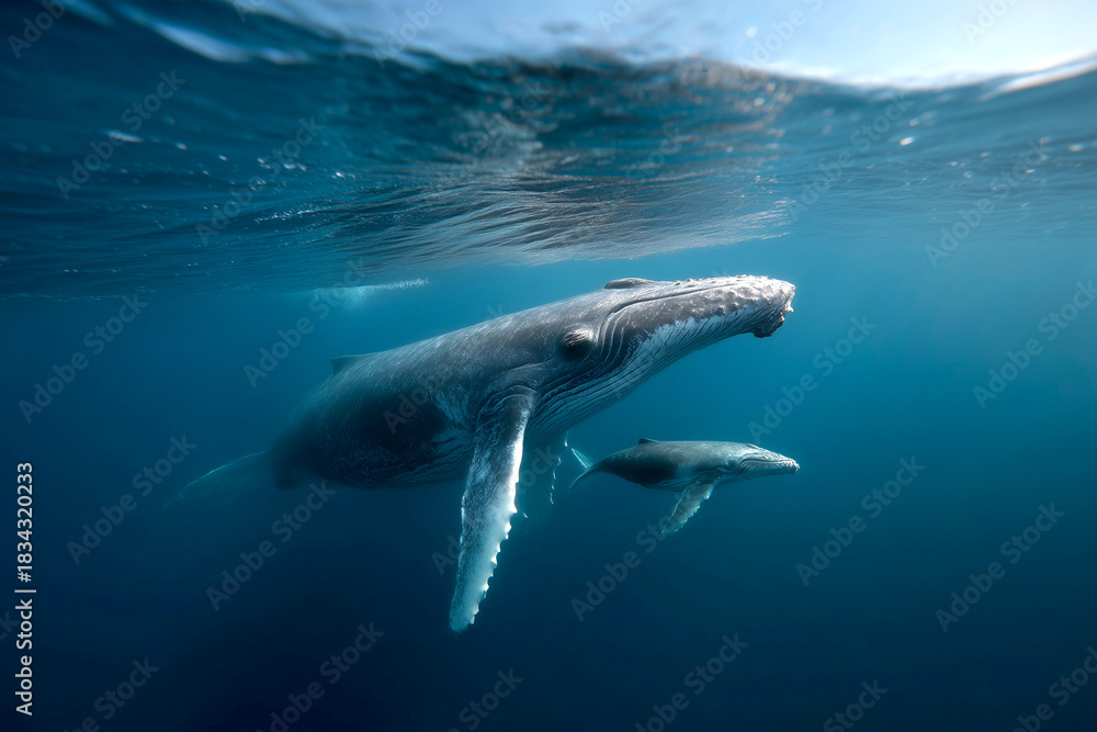 Fototapeta premium Adult whale swimming near the water surface with a small baby whale beside it, showcasing a tender marine wildlife moment.