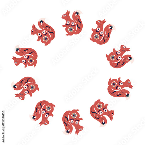 Squirrel wreath Christmas design in folk style Folk art Vector illustration New year frame