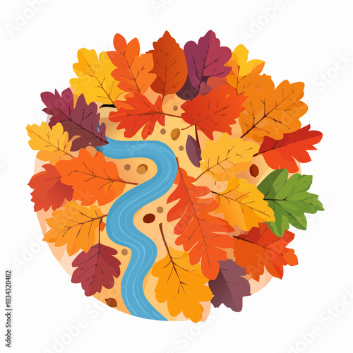 Circular Autumn Landscape With Vibrant Red Orange Yellow Leaves And A Blue Winding River Over Sandy Ground With Small Pebbles And A Faintly Visible Light Peach Background
