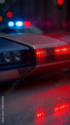 Flashing red and blue emergency lights on a wet police car roof during a rainy night, illustrating law enforcement and urgency concepts in a cinematic style.