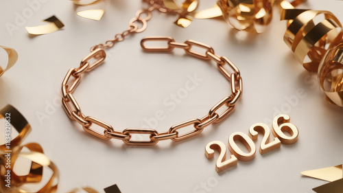 Rose gold bracelet adorns new year 2026 on festive backdrop with golden confetti and ribbons