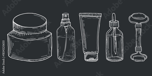Hand-drawn skincare and cosmetic product set illustration Chalk-style vector illustration of skincare bottles, jars, tube, dropper and roller, perfect for beauty blogs or product packaging concepts