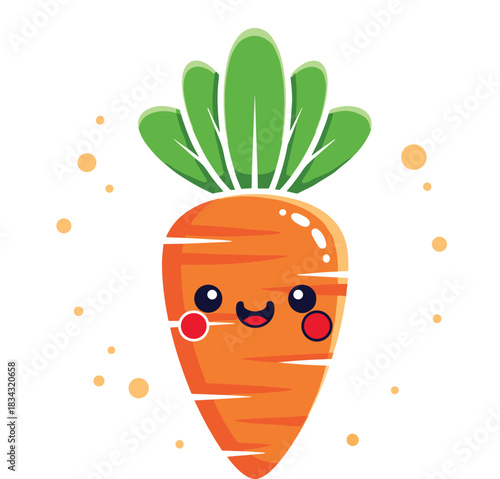 Adorable kawaii cartoon carrot character vector with a smiling face, rosy cheeks, and bright green leafy top, representing healthy eating, cute vegetable desi
