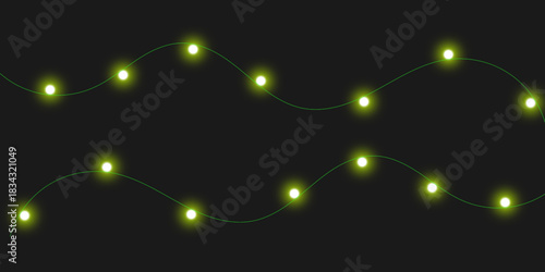 Two wavy strings of glowing yellow-green fairy lights on a dark background, creating a festive and decorative pattern.