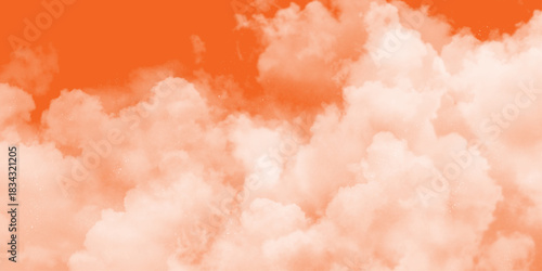 Pink Clouds Against a Warm Orange Sky at Sunrise. fantasy blurred cloudy sky with gradient color and grunge paper texture . White clouds in a sky. Light brown aesthetic. Monochrome cloudscape concept 