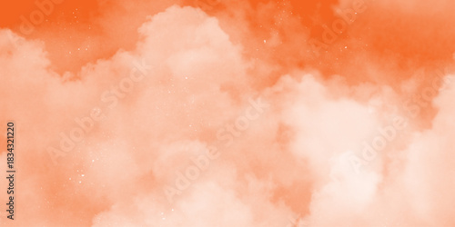 Pink Clouds Against a Warm Orange Sky at Sunrise. fantasy blurred cloudy sky with gradient color and grunge paper texture . White clouds in a sky. Light brown aesthetic. Monochrome cloudscape concept 