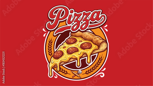 Delicious Pizza Slice with Pepperoni and Melted Cheese on Red Background.