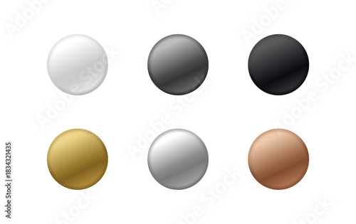Set of blank, glossy, circular buttons or spheres in various metallic and solid colors. Includes white, gray, black, gold, silver, and bronze gradients, three-dimensional, reflective, and realistic.
