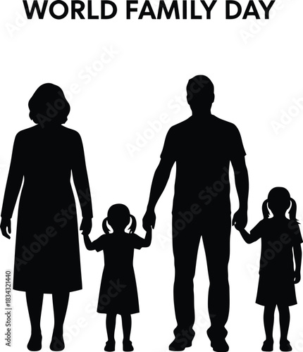 Silhouette of a family of four holding hands against a for world family day celebration graphic design