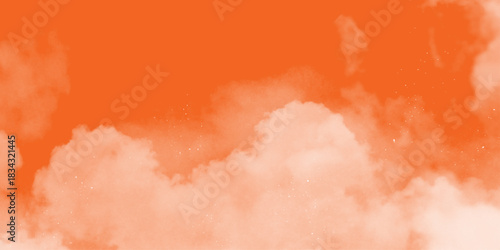 Pink Clouds Against a Warm Orange Sky at Sunrise. fantasy blurred cloudy sky with gradient color and grunge paper texture . White clouds in a sky. Light brown aesthetic. Monochrome cloudscape concept 