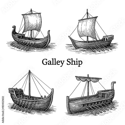 Tableau sur toile Galley ship ancient oared vessel with hull and deck views in vintage engraved st