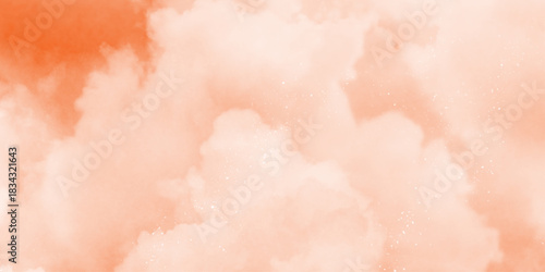 Pink Clouds Against a Warm Orange Sky at Sunrise. fantasy blurred cloudy sky with gradient color and grunge paper texture . White clouds in a sky. Light brown aesthetic. Monochrome cloudscape concept 