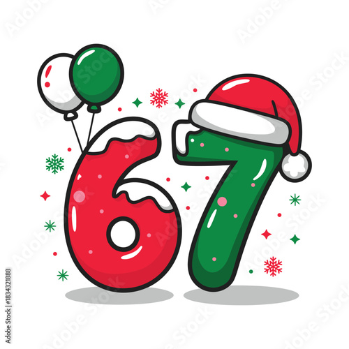 Festive Christmas 6 7 Number with Santa Hat and Balloons