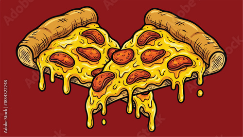 Delicious Pizza Slices with Melted Cheese and Pepperoni on Red Background.
