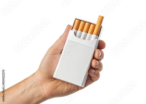 hand holding Cigarette pack isolated on a transparent background.
