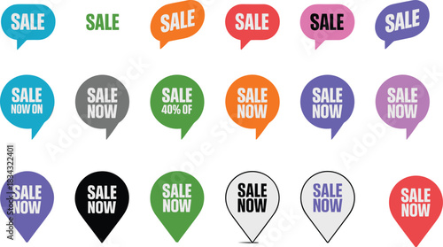 Colorful vector sale tags and promotional markers featuring speech bubbles and map pin designs for marketing, retail advertising, discounts, and shopping promotions.