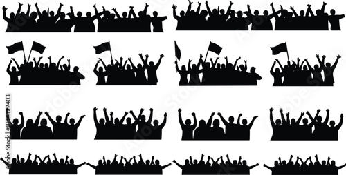 Crowd silhouette vector set showing cheering people with raised hands and flags, perfect for events, protests, celebrations, festivals, and promotional designs.