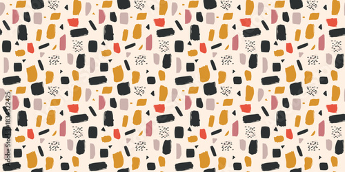 Vector seamless pattern with abstract scribble shapes. Modern texture with hand-painted brush strokes, geometric elements, scattered marks. Stylish contemporary background for textile. Repeated design