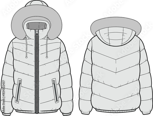 Detailed technical fashion drawing of winter puffer jacket with fur hood, showcasing front and back views, stitching details, zipper features, and vector outerwear template.