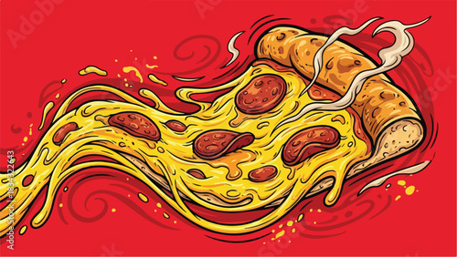 Delicious pizza slice with melted cheese and pepperoni on a red background.