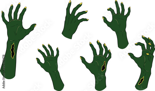 Creepy and withered zombie hands vector illustration in dark green and yellow, reaching out with tattered skin and long nails, perfect for Halloween and horror-themed holiday promotions