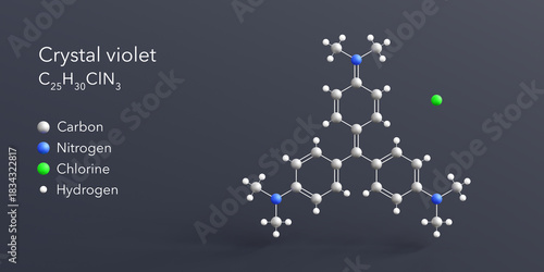 Fototapeta Naklejka Na Ścianę i Meble -  crystal violet molecule 3d rendering, flat molecular structure with chemical formula and atoms color coding