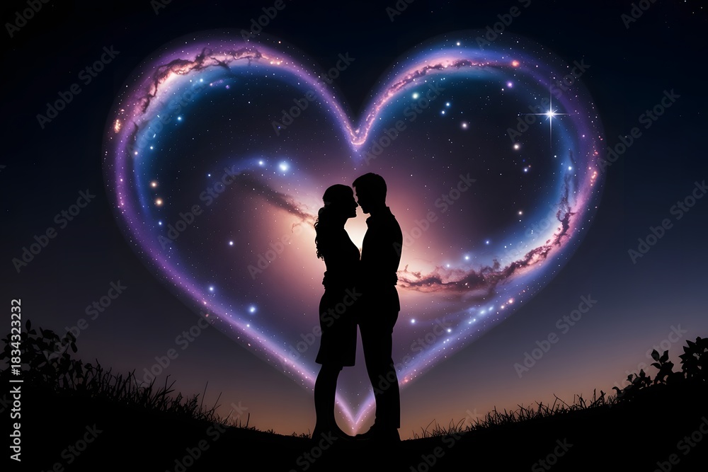 Fototapeta premium Silhouette couple embracing under a cosmic heart nebula at twilight sky