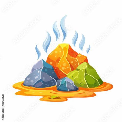 Colorful hot rocks emitting steam in a vibrant yellow liquid with a white background and soft lighting illustrating a natural phenomenon or fantasy element