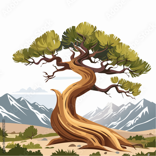 Ancient Gnarled Juniper Tree Stands Tall Against Snow Capped Mountains Under A Hazy Sky With Dry Desert Ground And Sparse Vegetation In A Pixel Art Style