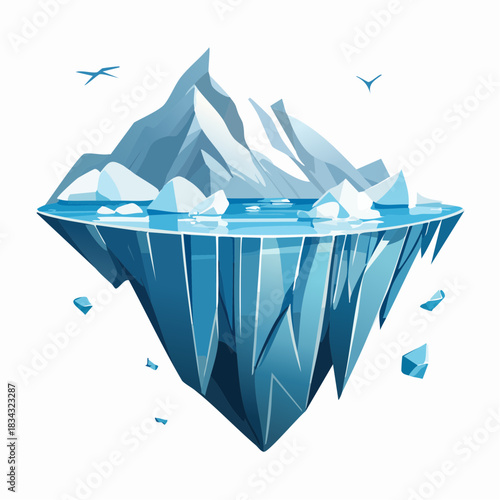 Majestic Blue Iceberg Floating in Arctic Ocean with Snow Capped Mountains and Flying Birds in Dramatic Lighting