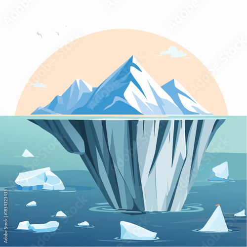 Majestic Iceberg Below The Water With Snowcapped Mountains Above Under A Soft Orange Sky And Small Clouds